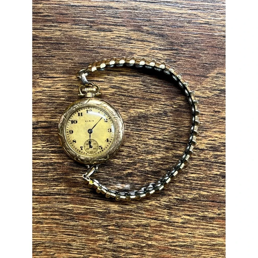 Vintage Elgin Gold Tone Engraved Pocket Watch Conversion Wristwatch Sub Second